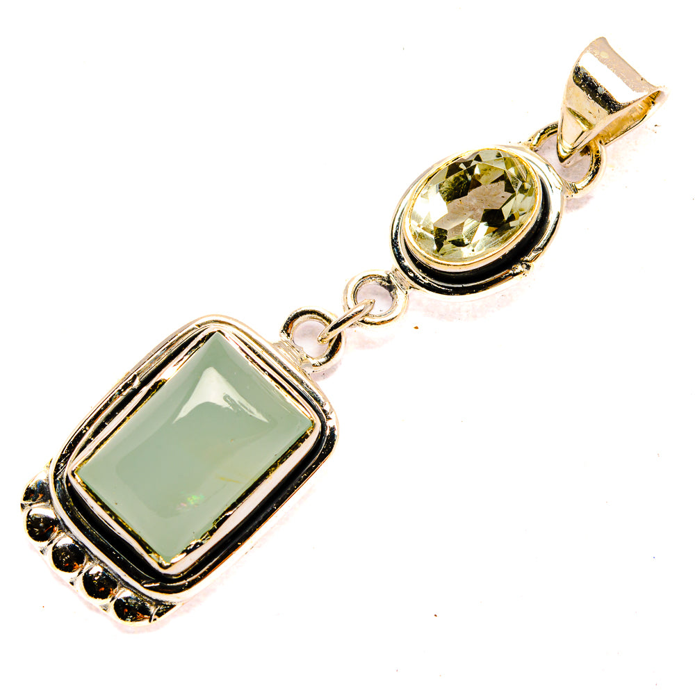 Sterling silver drop pendant with rectangular white quartz and round green stone