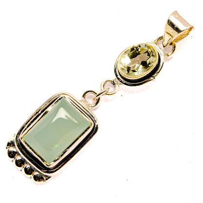 Sterling silver drop pendant with rectangular white quartz and round green stone