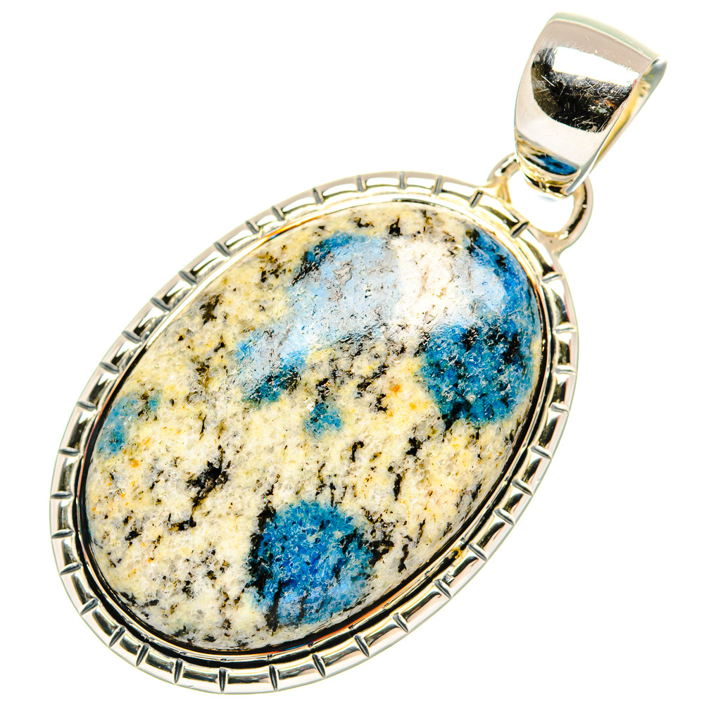 Oval azurite stone pendant, blue speckled in sterling silver bezel with bail