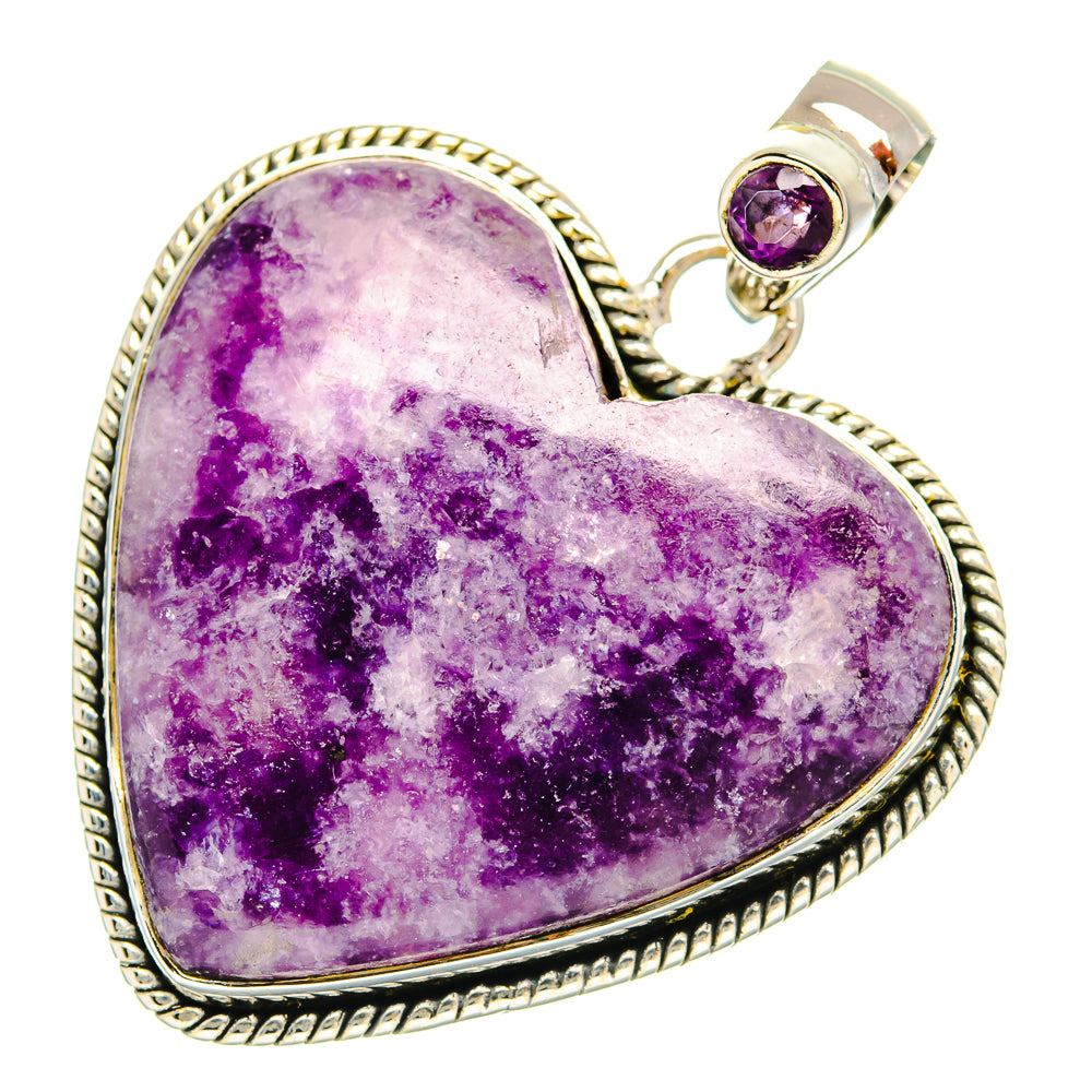 Heart-shaped amethyst pendant, 925 sterling silver, full view with purple accent stone