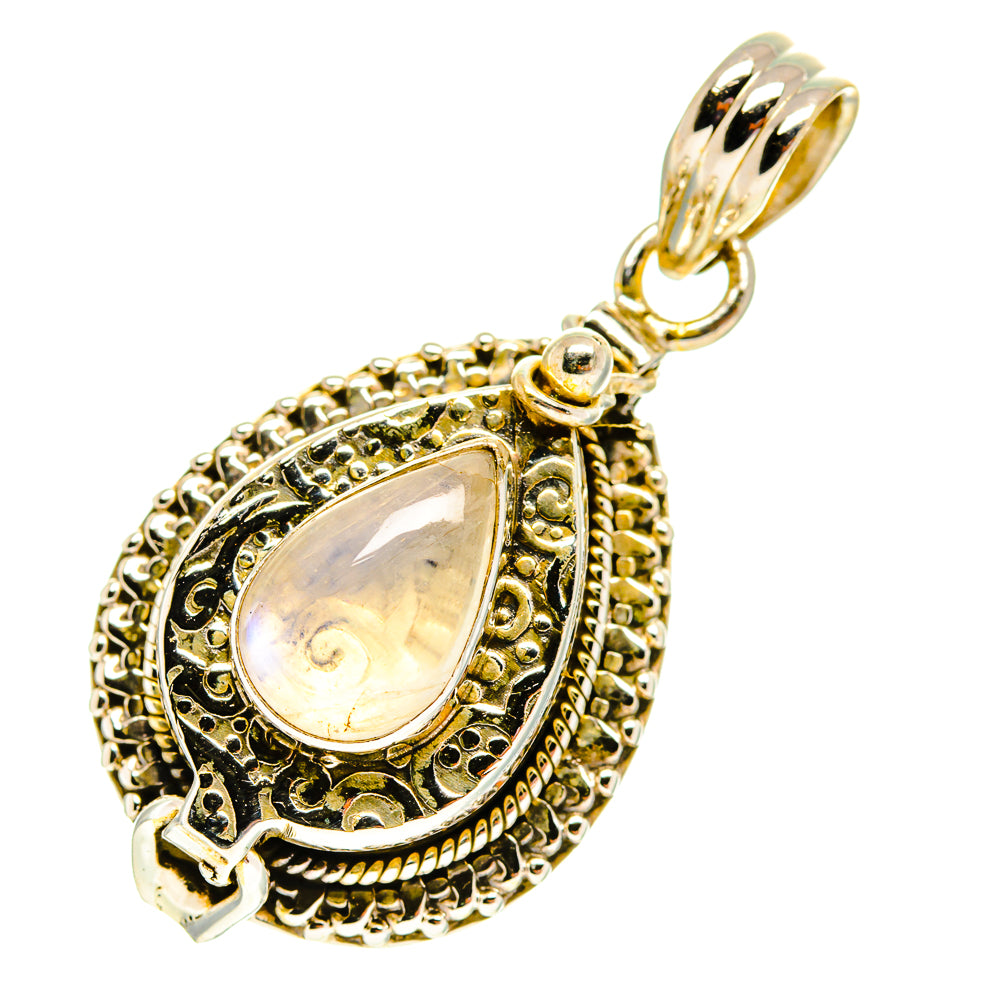 Teardrop moonstone pendant with textured filigree border and oval bail loop