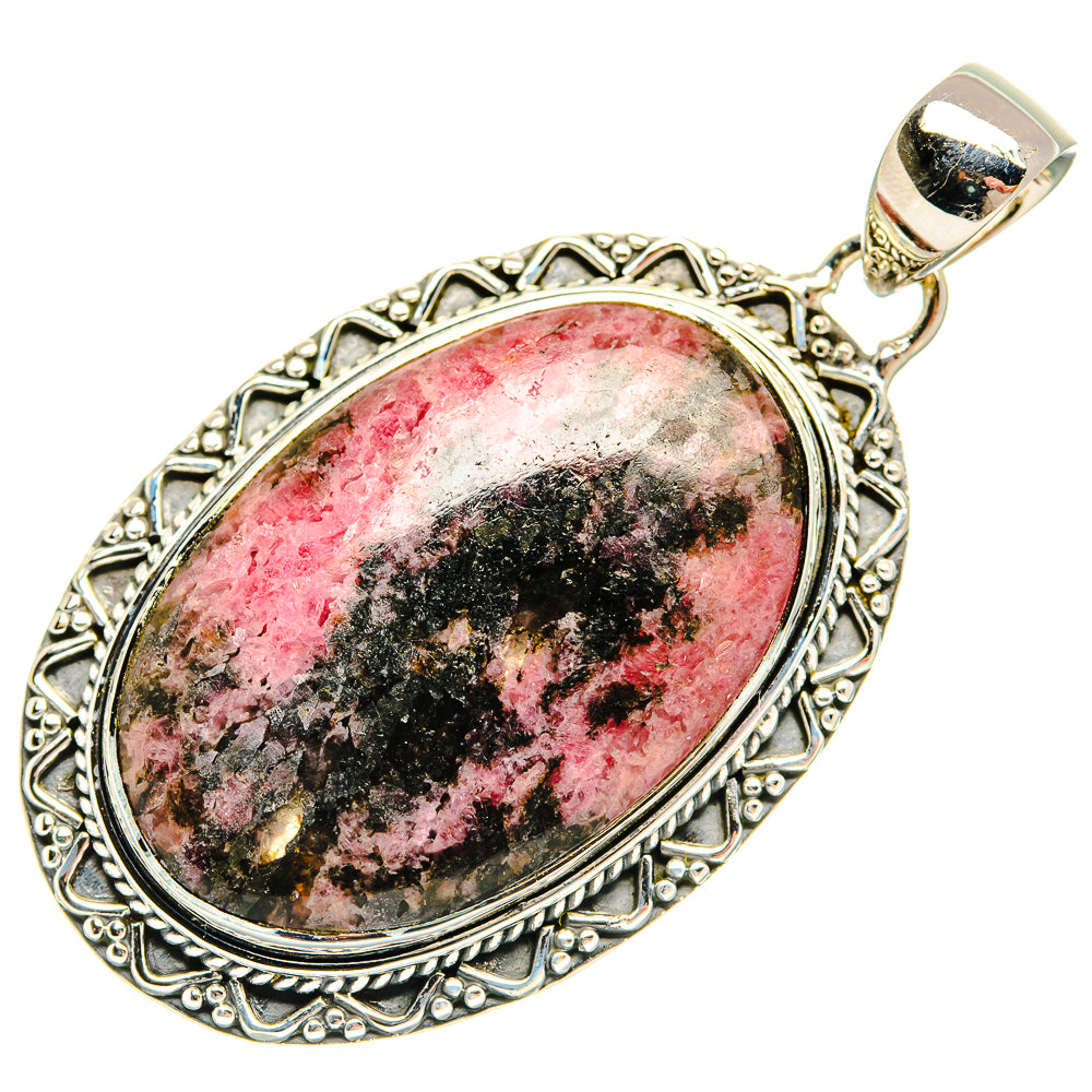Oval rhodonite pendant in ornate 925 sterling silver setting with loop bail