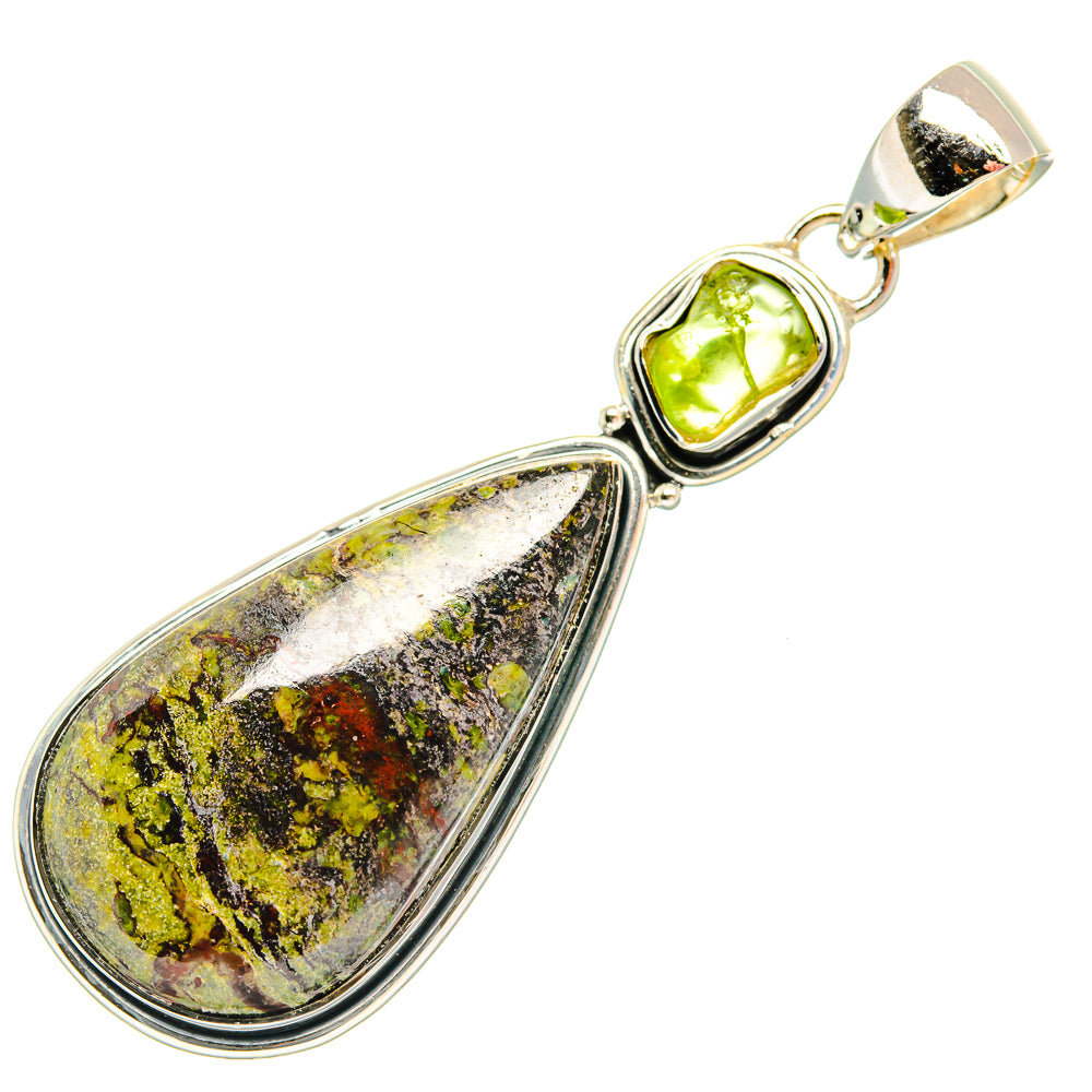 Sterling silver teardrop pendant with green stone and mottled yellow teardrop cabochon