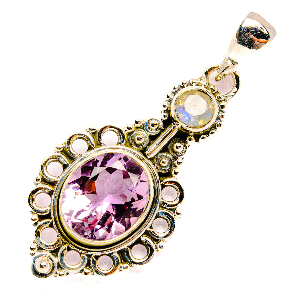 Amethyst and rainbow moonstone drop pendant in 925 sterling silver, ornate bezel
