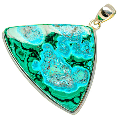 Triangle gemstone pendant with green and blue stone in silver bezel