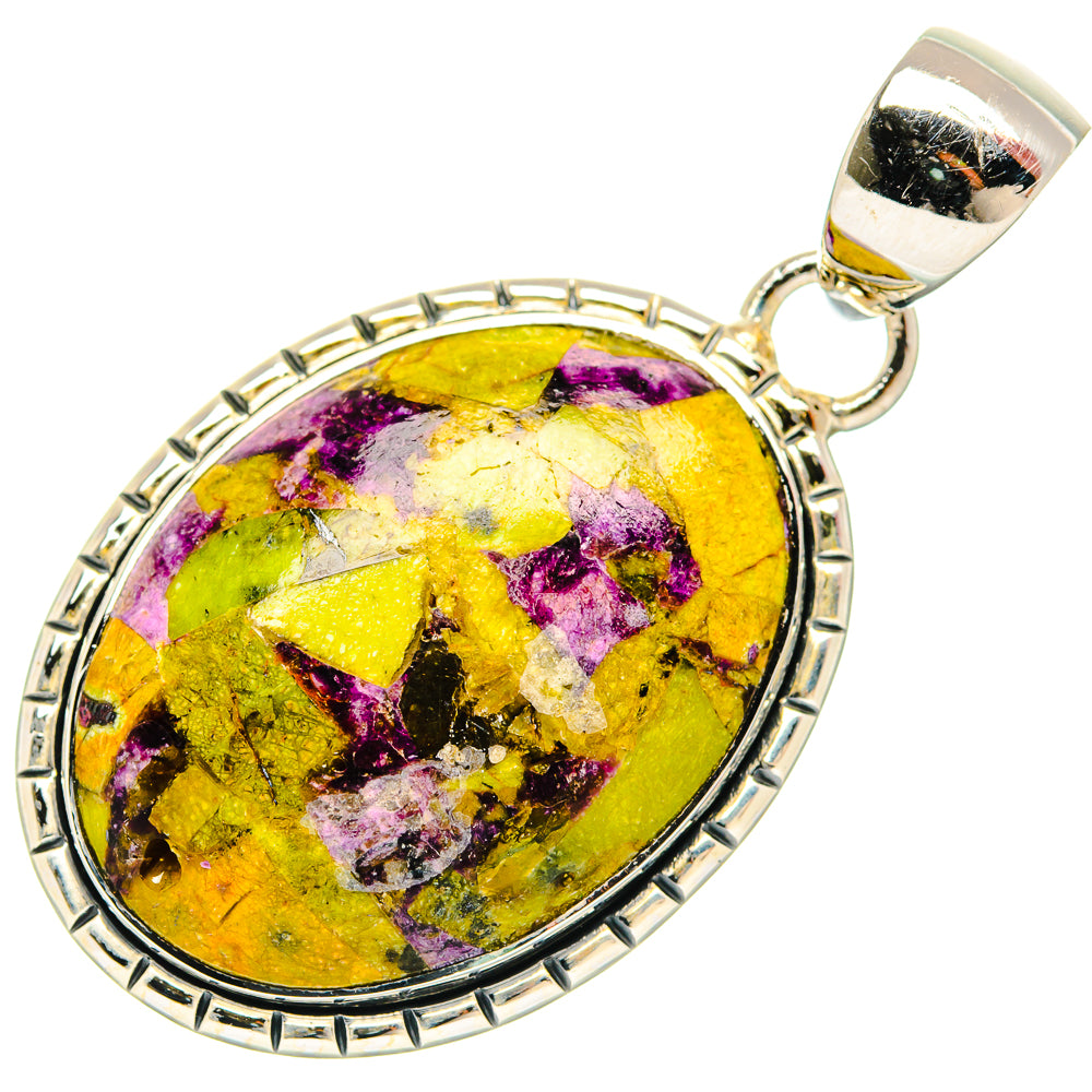 Oval sterling silver pendant with yellow and purple chrysocolla-style cabochon, top bail