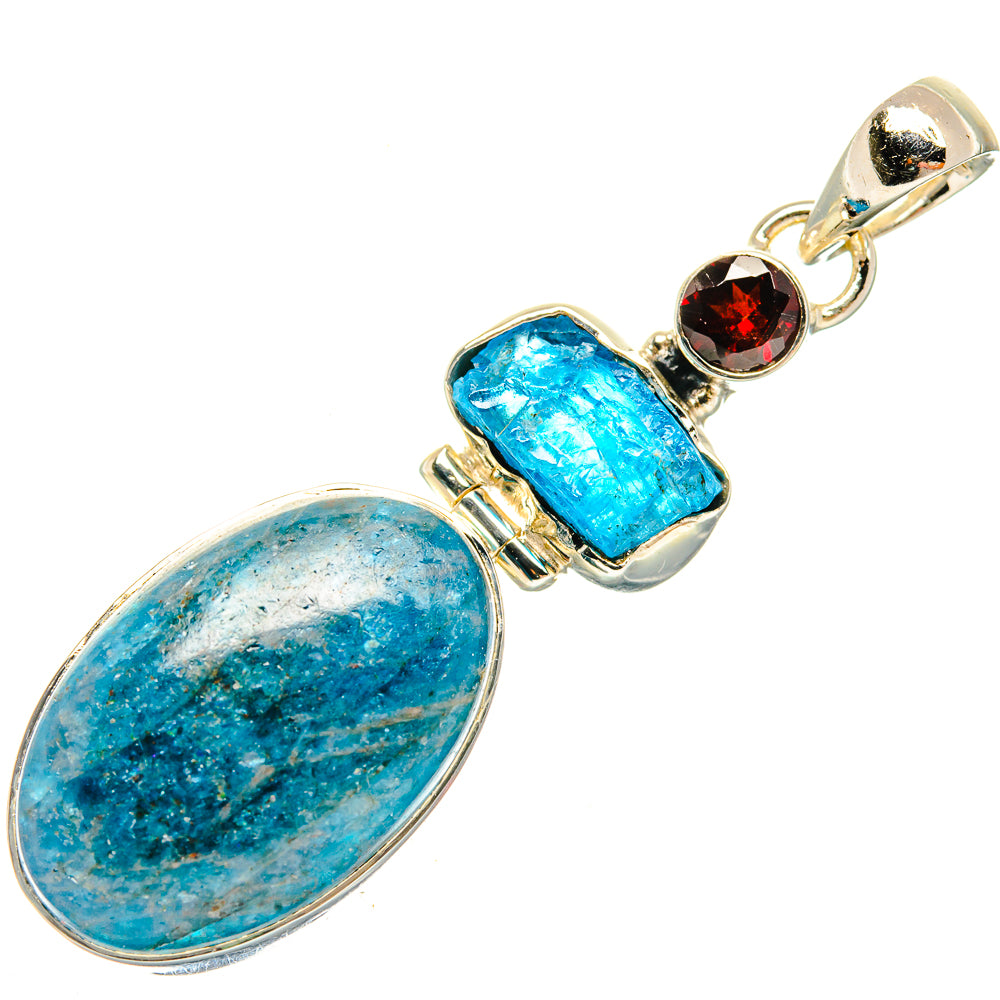 Sterling silver oval pendant with blue apatite stones and red garnet detail
