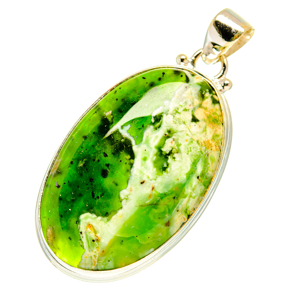 Sterling silver green opal pendant, oval cabochon with ornate silver bail detail