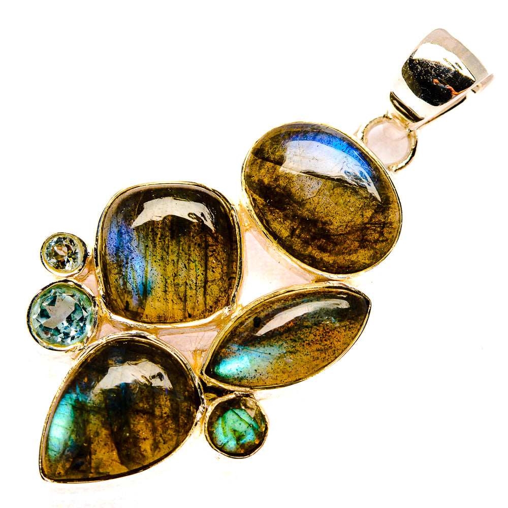 Iridescent labradorite-style gemstone pendant cluster with small round blue stones, gold-toned frame