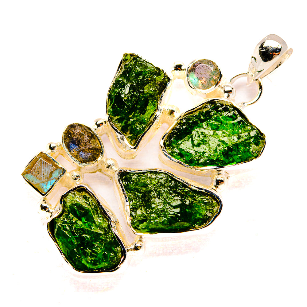 925 sterling silver pendant with rough green diopside and small labradorite accents