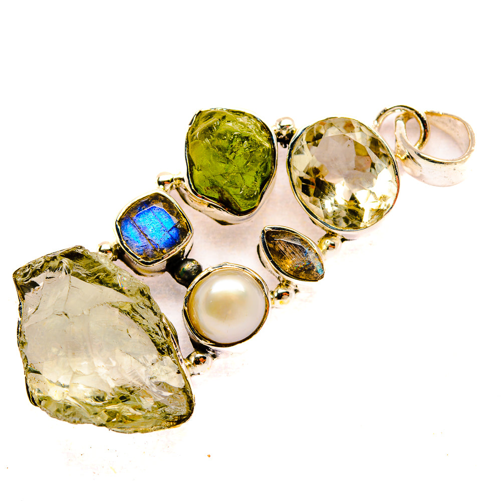 Sterling silver pendant with green, yellow, blue gemstone drops and cultured pearl center