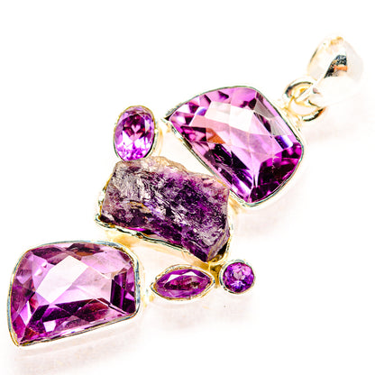 Amethyst & cultured pearl pendant in 925 sterling silver, faceted purple stones with rough crystal
