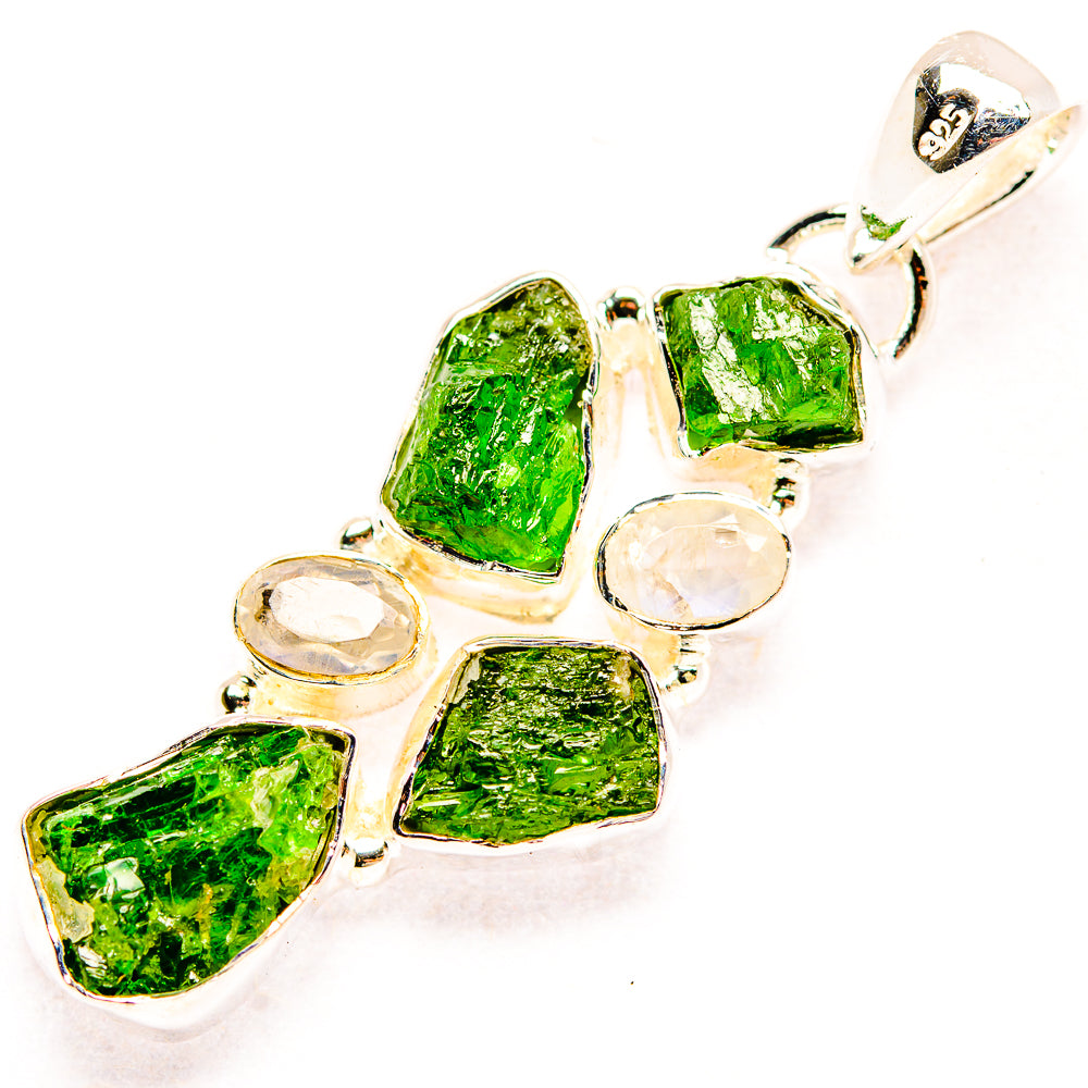 925 sterling silver pendant with five rough green diopside stones and moonstone accents