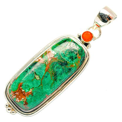 Sterling silver oval pendant with green gemstone and orange round bead, bail loop