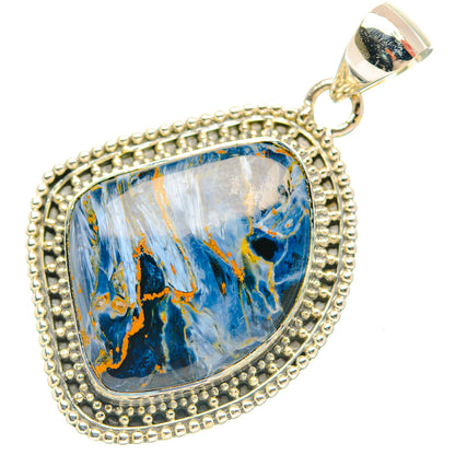 Oval pietersite pendant with blue stone in textured 925 sterling silver bezel