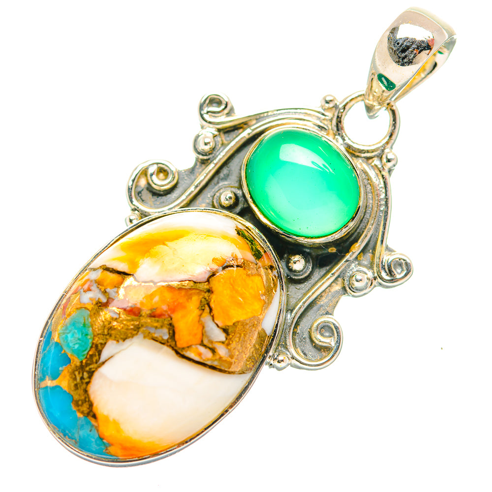 Sterling silver pendant with oval turquoise and multicolor stone inlay, bail loop