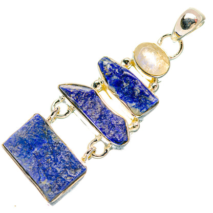 Rough lapis lazuli and rainbow moonstone pendant in 925 sterling silver, blue rectangle stones