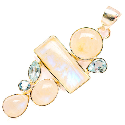 Sterling silver pendant with round moonstone, rainbow bar, and oval blue stones, loop bail