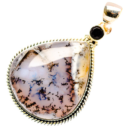 Sterling silver dendritic opal pear pendant with black onyx round cap bail, textured edge