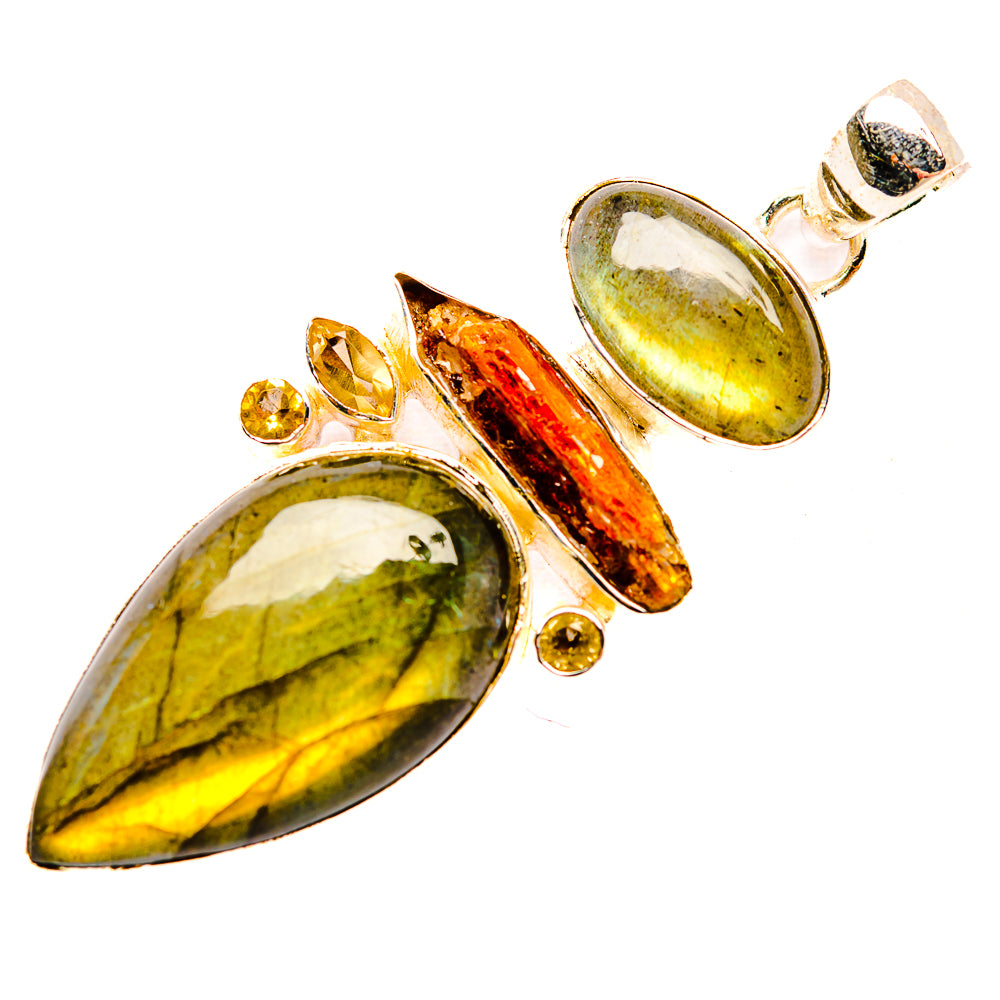 Teardrop sterling silver pendant with green cabochon, orange crystal bar, and yellow gem
