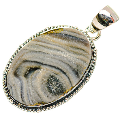 Oval sterling silver desert drusy pendant with striped gray stone and bail loop