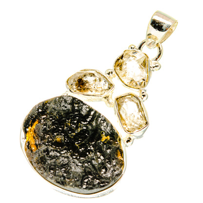 Tektite stone pendant in sterling silver with teardrop crystal accents and oval main stone
