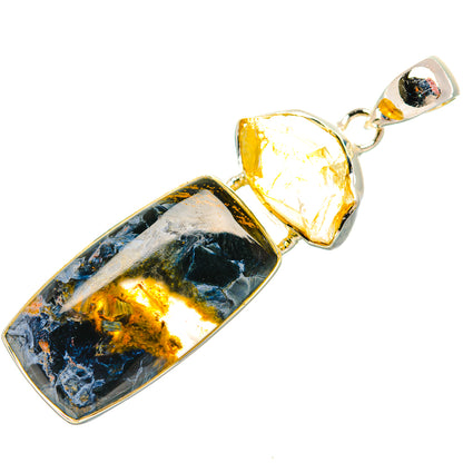 Sterling silver pendant with rectangular pietersite and faceted citrine pear drop