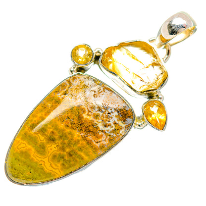 Jasper and citrine pendant with teardrop cabochon, two round yellow citrines, silver setting
