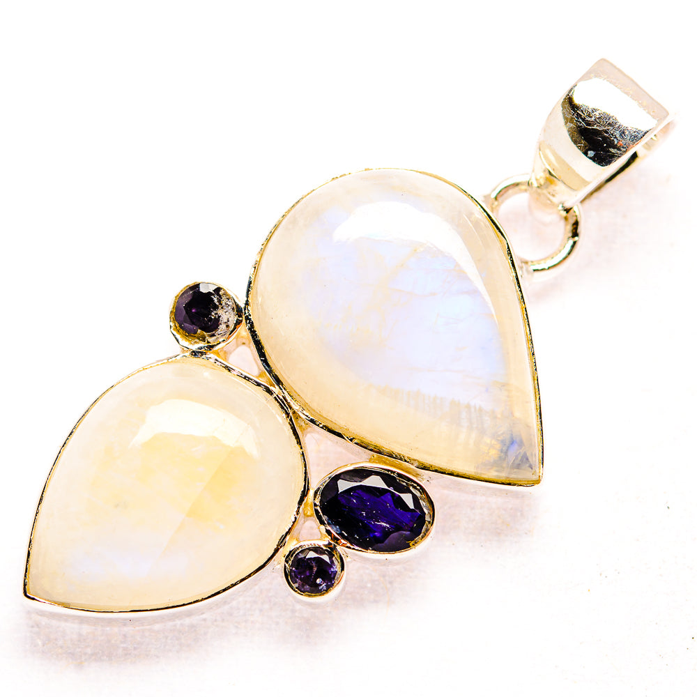 Moonstone heart pendant with dark onyx accents and bail, 925 sterling silver