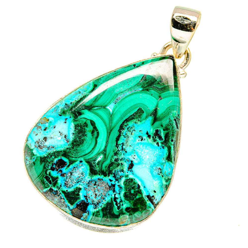 Malachite and chrysocolla teardrop pendant with green and turquoise stone in silver frame