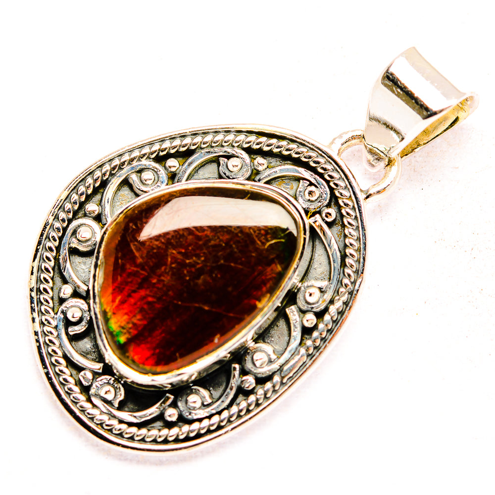 Sterling silver ammolite pendant with teardrop oval gemstone, red-orange iridescence
