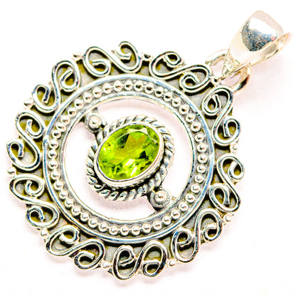 925 sterling silver peridot pendant with lime-green oval gemstone and swirled filigree border