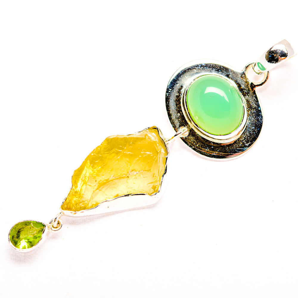 Sterling silver pendant with oval green chrysoprase, rough yellow citrine, and small peridot