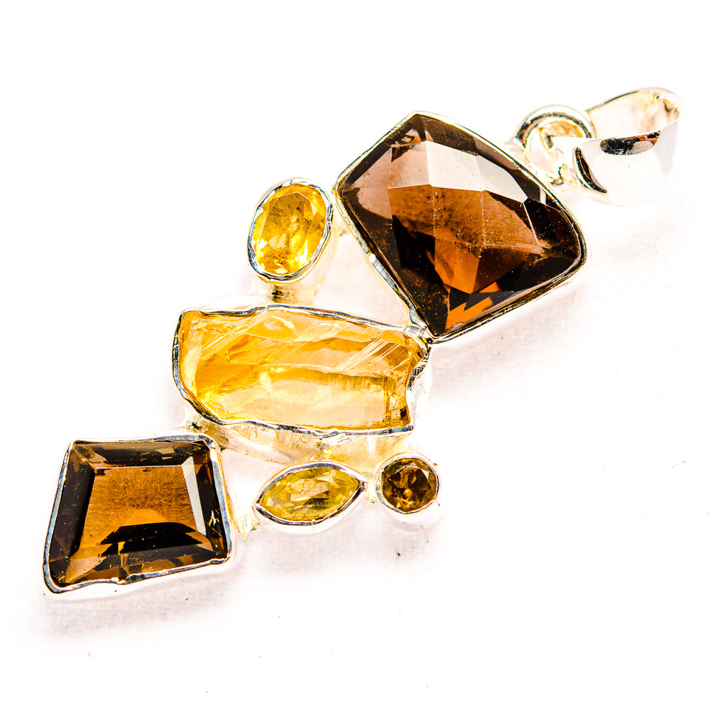 Smoky quartz and citrine pendant in 925 sterling silver, multistone geometric design