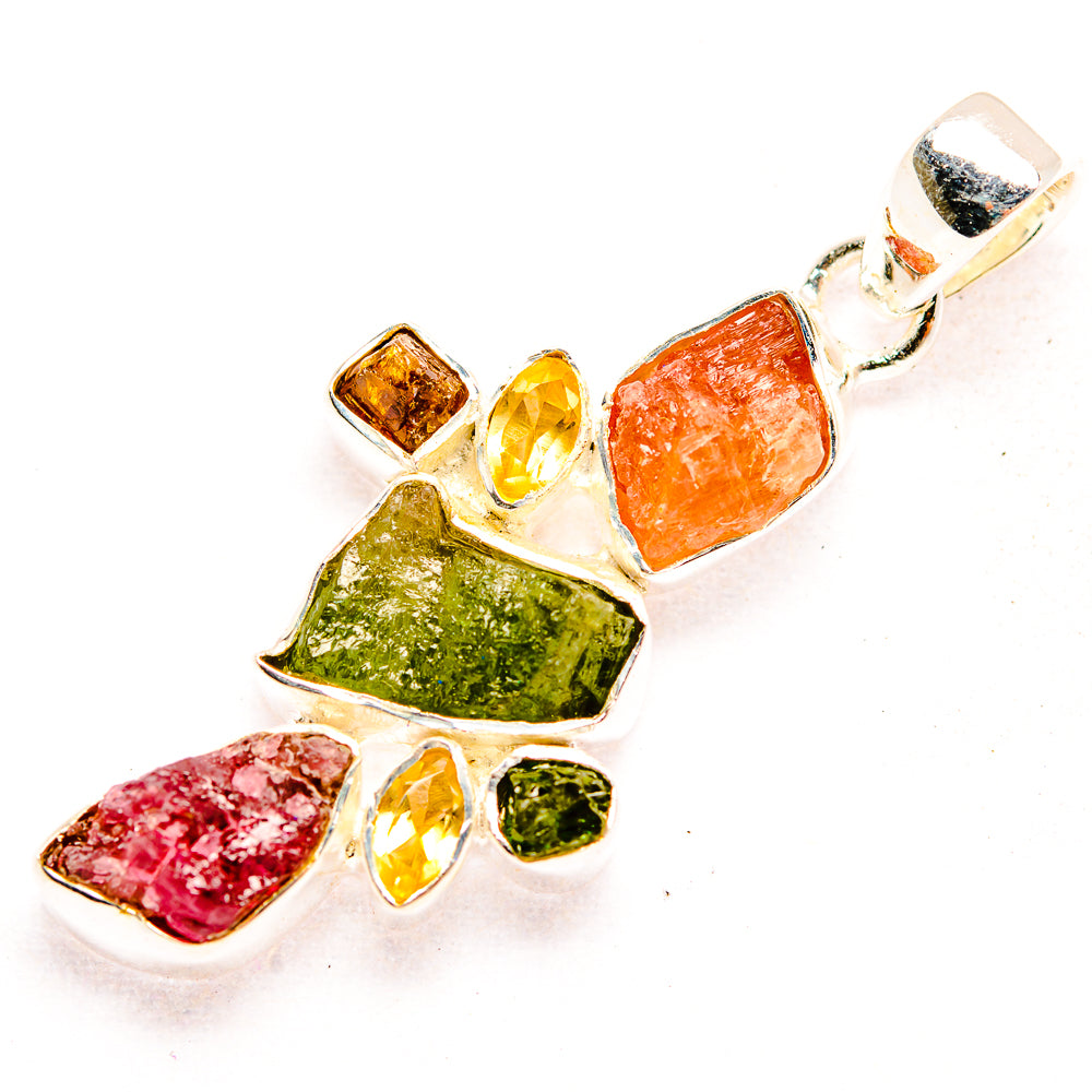 Rough multicolor stone pendant in 925 silver, irregular cabochon shapes with loop bail