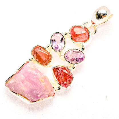 925 sterling silver pink gemstone pendant with rough Kunzite and faceted oval stones