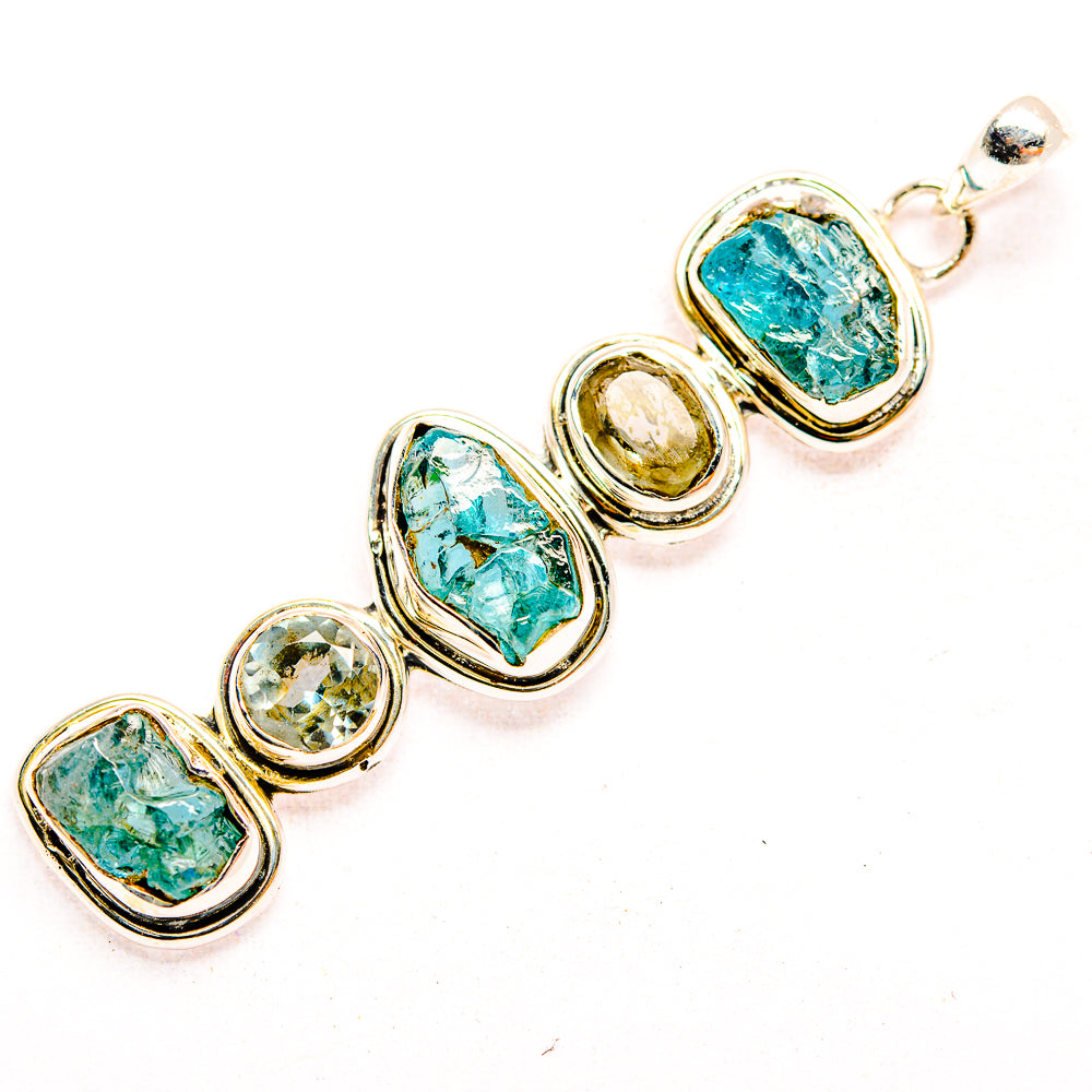 Oval rough apatite pendant bracelet with blue-green stones and silver links