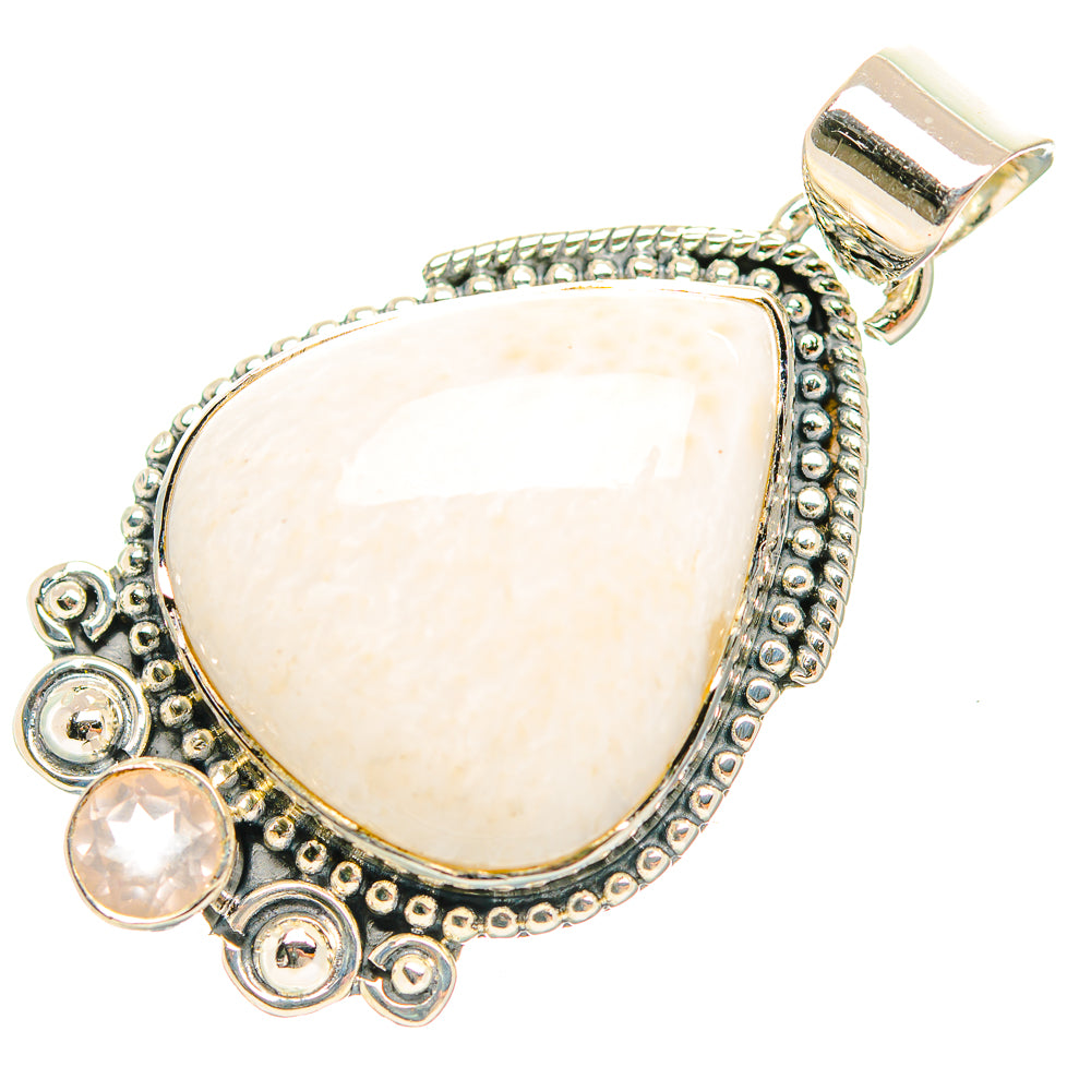 White scolecite teardrop pendant, 925 sterling silver frame with round bead details