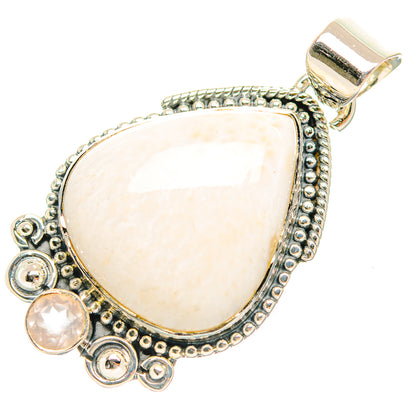 White scolecite teardrop pendant, 925 sterling silver frame with round bead details