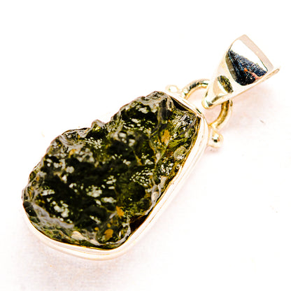 925 sterling silver moldavite pendant with dark green teardrop stone in bezel