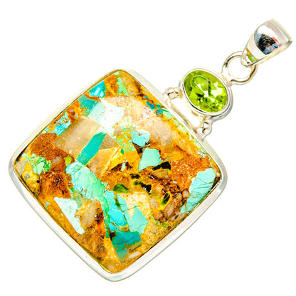 Square turquoise-copper inlay pendant with peridot-green round stone and silver bail