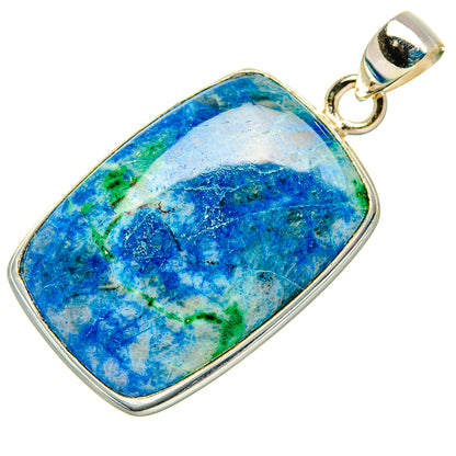 Rectangular blue-and-green apalite pendant with silver bail and bezel, side view