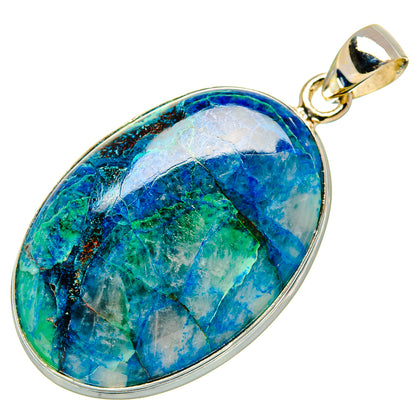 Oval apatite pendant in sterling silver bezel, blue and green marbled cabochon