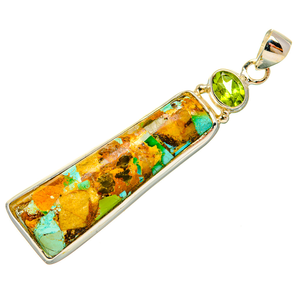 Sterling silver rectangular pendant with turquoise-copper mosaic and green peridot stones