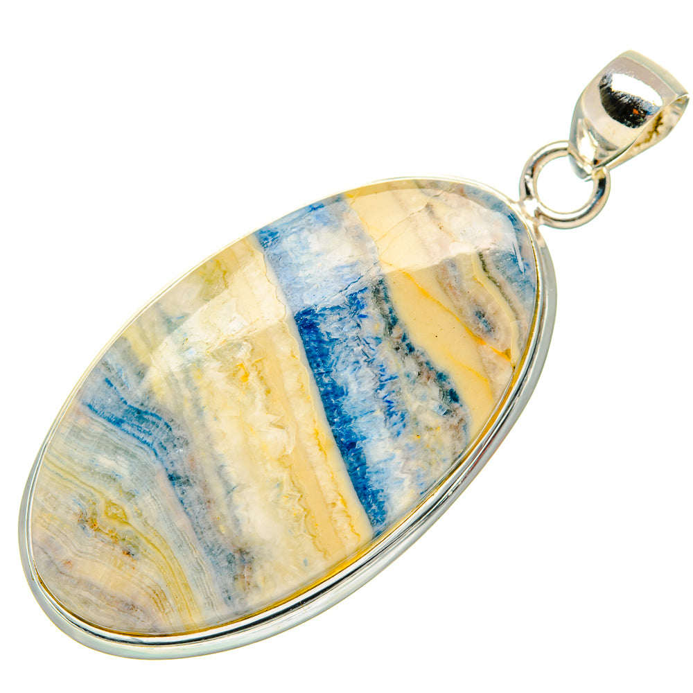 Oval blue scheelite pendant in polished 925 sterling silver bezel, with loop bail