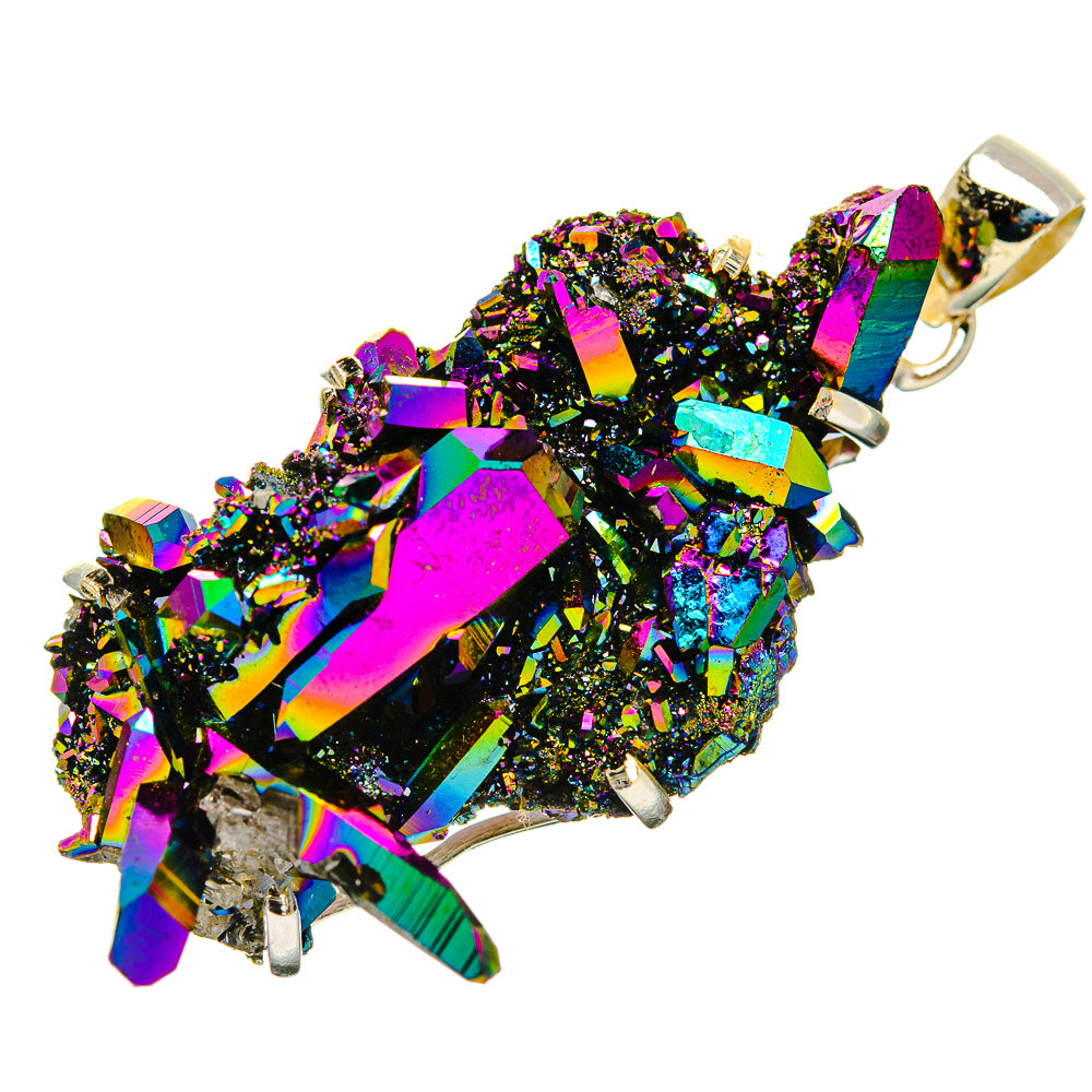 Rainbow druzy pendant in sterling silver bezel, faceted crystal clusters