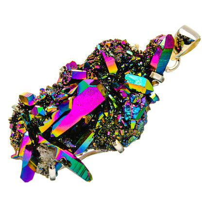 Rainbow druzy pendant in sterling silver bezel, faceted crystal clusters