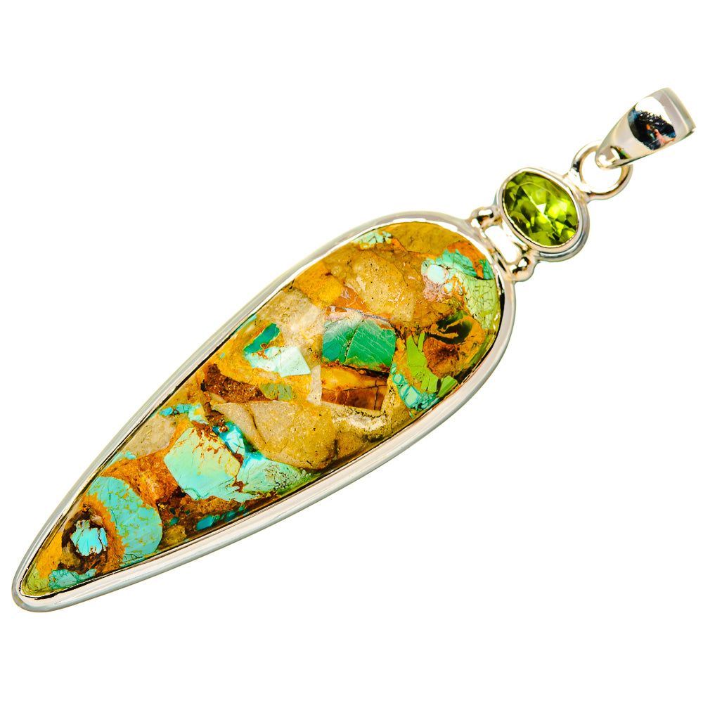 Sterling silver oval turquoise-mosaic pendant with green peridot accents and bail