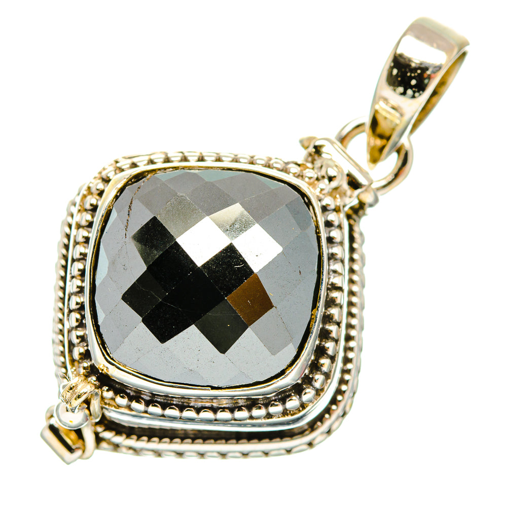 Sterling silver pendant with faceted hematite-look center and beaded bezel frame