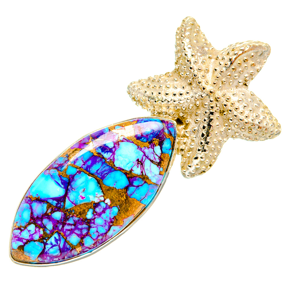 Turquoise teardrop pendant with gold starfish bail, purple-blue stone in sterling silver